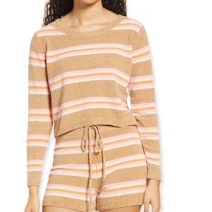 All In Favor Nordstrom Stripe Crop Cozy Chenille Sweater S Taupe-Pink NWT